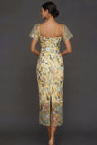 Floral Mauve Tulle Sheath Midi Wedding Guest Dress with Sleeves