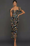 Floral Mauve Tulle Sheath Midi Wedding Guest Dress with Sleeves