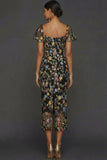 Floral Mauve Tulle Sheath Midi Wedding Guest Dress with Sleeves