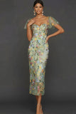 Floral Mauve Tulle Sheath Midi Wedding Guest Dress with Sleeves