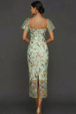 Floral Mauve Tulle Sheath Midi Wedding Guest Dress with Sleeves