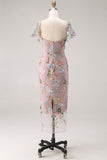 Floral Mauve Tulle Sheath Midi Wedding Guest Dress with Sleeves