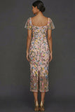 Floral Mauve Tulle Sheath Midi Wedding Guest Dress with Sleeves