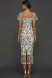 Floral Mauve Tulle Sheath Midi Wedding Guest Dress with Sleeves