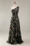 Floral Mauve One Shoulder A Line Long Prom Dress with Slit