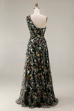 Floral Mauve One Shoulder A Line Long Prom Dress with Slit
