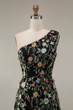 Floral Mauve One Shoulder A Line Long Prom Dress with Slit