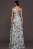 Floral Mauve One Shoulder A Line Long Prom Dress with Slit