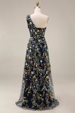 Floral Mauve One Shoulder A Line Long Prom Dress with Slit