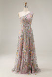 Floral Mauve One Shoulder A Line Long Prom Dress with Slit