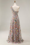 Floral Mauve One Shoulder A Line Long Prom Dress with Slit