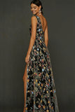 Floral Mauve One Shoulder A Line Long Prom Dress with Slit