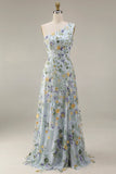 Floral Mauve One Shoulder A Line Embroidered Long Prom Dress with Slit
