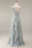 Floral Mauve One Shoulder A Line Embroidered Long Prom Dress with Slit