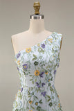 Floral Mauve One Shoulder A Line Embroidered Long Prom Dress with Slit