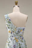 Floral Mauve One Shoulder A Line Embroidered Long Prom Dress with Slit