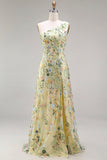Floral Mauve One Shoulder A Line Embroidered Long Prom Dress with Slit