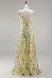 Floral Mauve One Shoulder A Line Embroidered Long Prom Dress with Slit