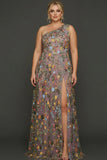 Floral Mauve One Shoulder A Line Long Prom Dress with Slit