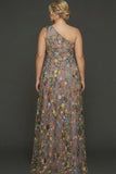 Floral Mauve One Shoulder A Line Long Prom Dress with Slit
