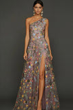 ZAPAKA Women Floral Mauve Long Prom Dress Embroidered One Shoulder A Line Gala Dress with Slit