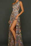 Floral Mauve One Shoulder A Line Long Prom Dress with Slit