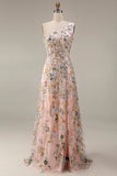 Floral Mauve One Shoulder A Line Embroidered Long Prom Dress with Slit