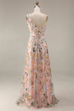 Floral Mauve One Shoulder A Line Embroidered Long Prom Dress with Slit