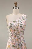 Floral Mauve One Shoulder A Line Embroidered Long Prom Dress with Slit