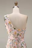 Floral Mauve One Shoulder A Line Embroidered Long Prom Dress with Slit