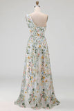 Floral Mauve One Shoulder A Line Embroidered Long Prom Dress with Slit