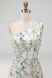 Floral Mauve One Shoulder A Line Embroidered Long Prom Dress with Slit