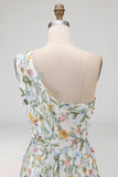 Floral Mauve One Shoulder A Line Embroidered Long Prom Dress with Slit
