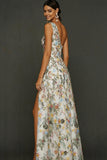 Floral Mauve One Shoulder A Line Long Prom Dress with Slit