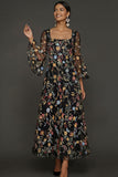 Mauve Floral A Line Embroidered Flutter Sleeves Long Prom Dress