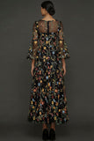 Mauve Floral A Line Embroidered Flutter Sleeves Long Prom Dress