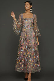 Mauve Floral A Line Embroidered Long Prom Dress with Sleeves