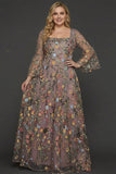 Mauve Floral A Line Embroidered Flutter Sleeves Long Prom Dress