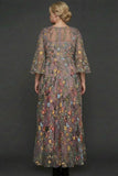 Mauve Floral A Line Embroidered Flutter Sleeves Long Prom Dress