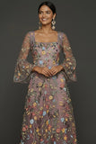 Mauve Floral A Line Embroidered Flutter Sleeves Long Prom Dress