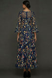 Mauve Floral A Line Embroidered Flutter Sleeves Long Prom Dress