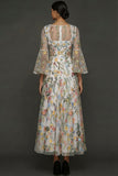 Mauve Floral A Line Embroidered Flutter Sleeves Long Prom Dress
