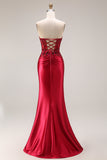 Dark Green Satin Strapless Appliqued Mermaid Long Prom Dress with Slit
