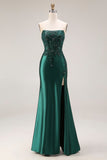 Dark Green Satin Strapless Appliqued Mermaid Long Prom Dress with Slit