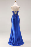 Dark Green Satin Strapless Appliqued Mermaid Long Prom Dress with Slit
