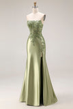 Dark Green Satin Strapless Appliqued Mermaid Long Prom Dress with Slit