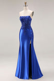 Dark Green Satin Strapless Appliqued Mermaid Long Prom Dress with Slit