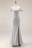 Light Grey Off The Shoulder Mermaid Pleated Long Prom Dress with Slit