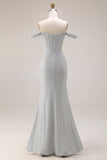 Light Grey Off The Shoulder Mermaid Pleated Long Prom Dress with Slit