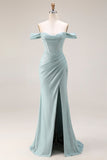 Dusty Green Mermaid Off The Shoulder Corset Long Prom Dress with Slit